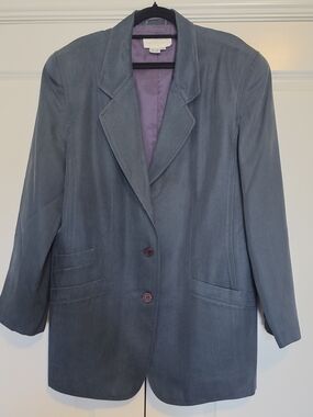 FOUR SEASONS 100% SILK LONGLINE BLAZER JACKET SIZE 12 SLATE BLUE STEEL GREY TAIL